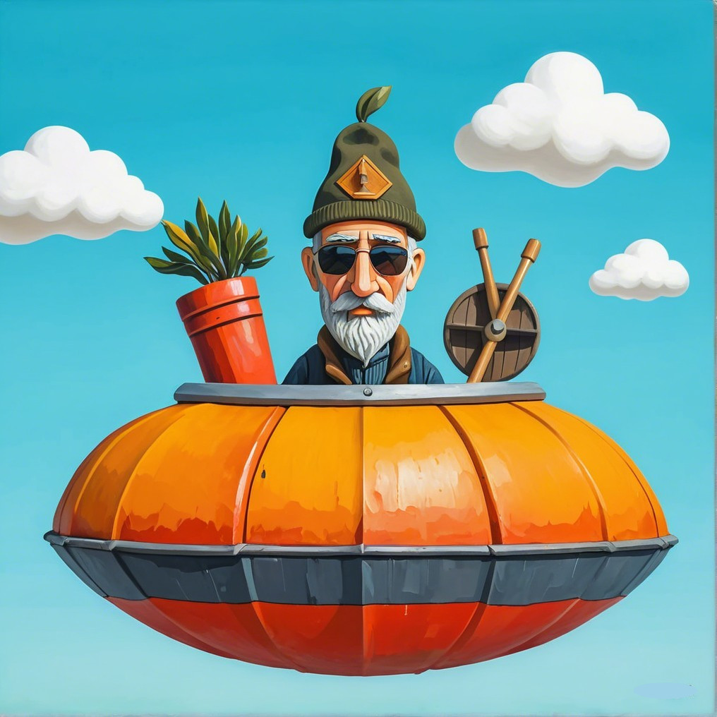 Elderly man in buoy with tools and potted plant