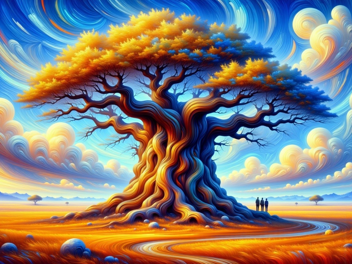 Majestic tree with vibrant orange leaves and sky