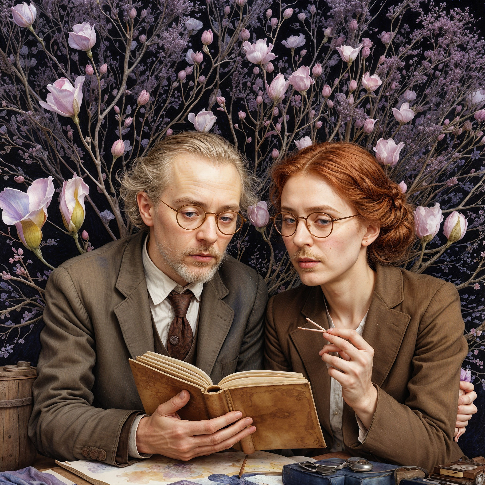 Couple in Vintage Attire Engaged with Open Book