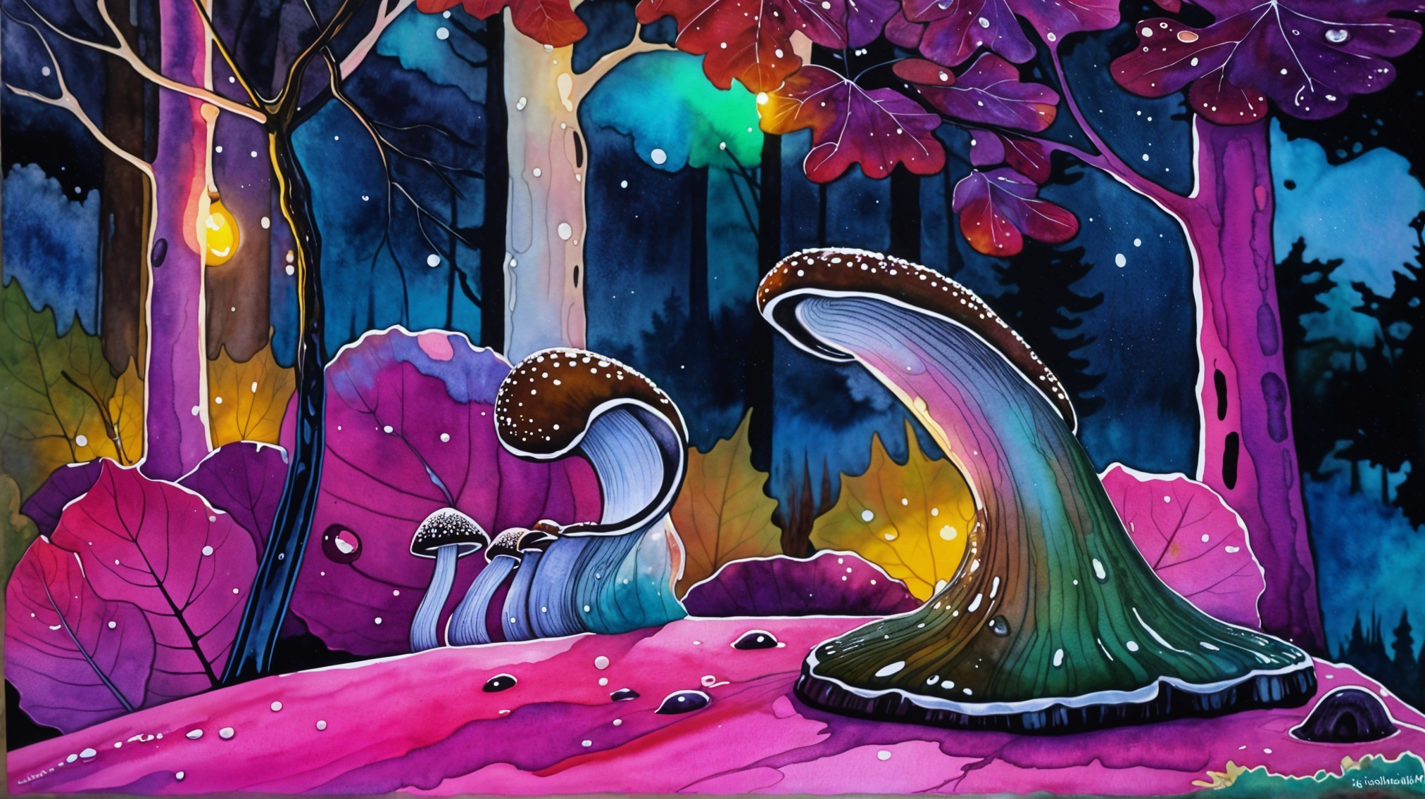 Whimsical Nighttime Forest Scene with Colorful Flora
