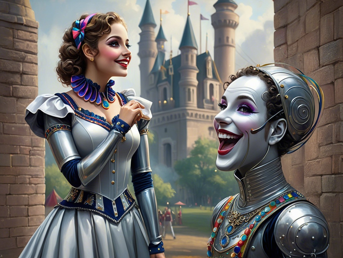 Regal Woman and Mime in Fairytale Castle Setting