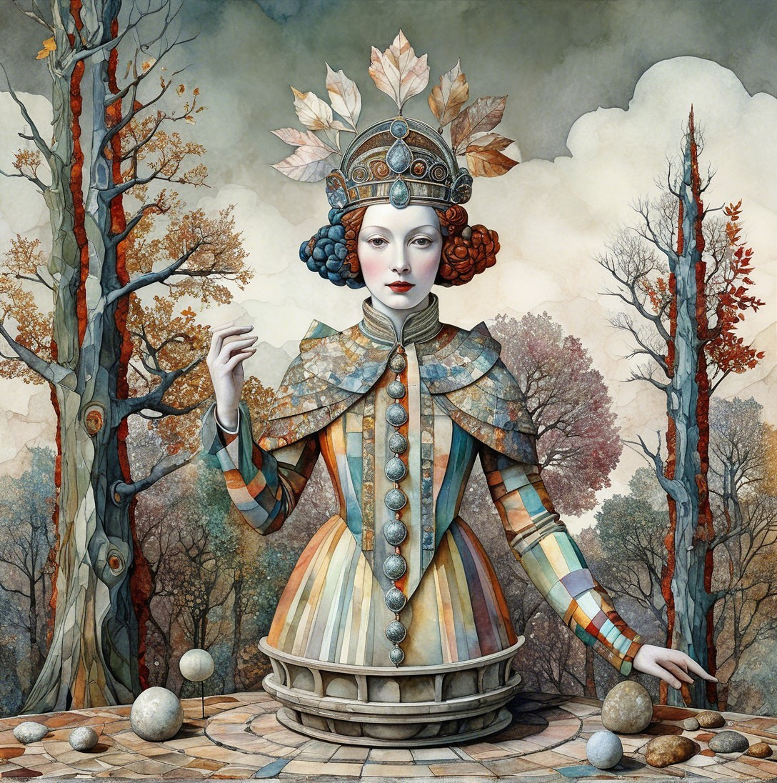 Regal figure in colorful gown amidst barren forest