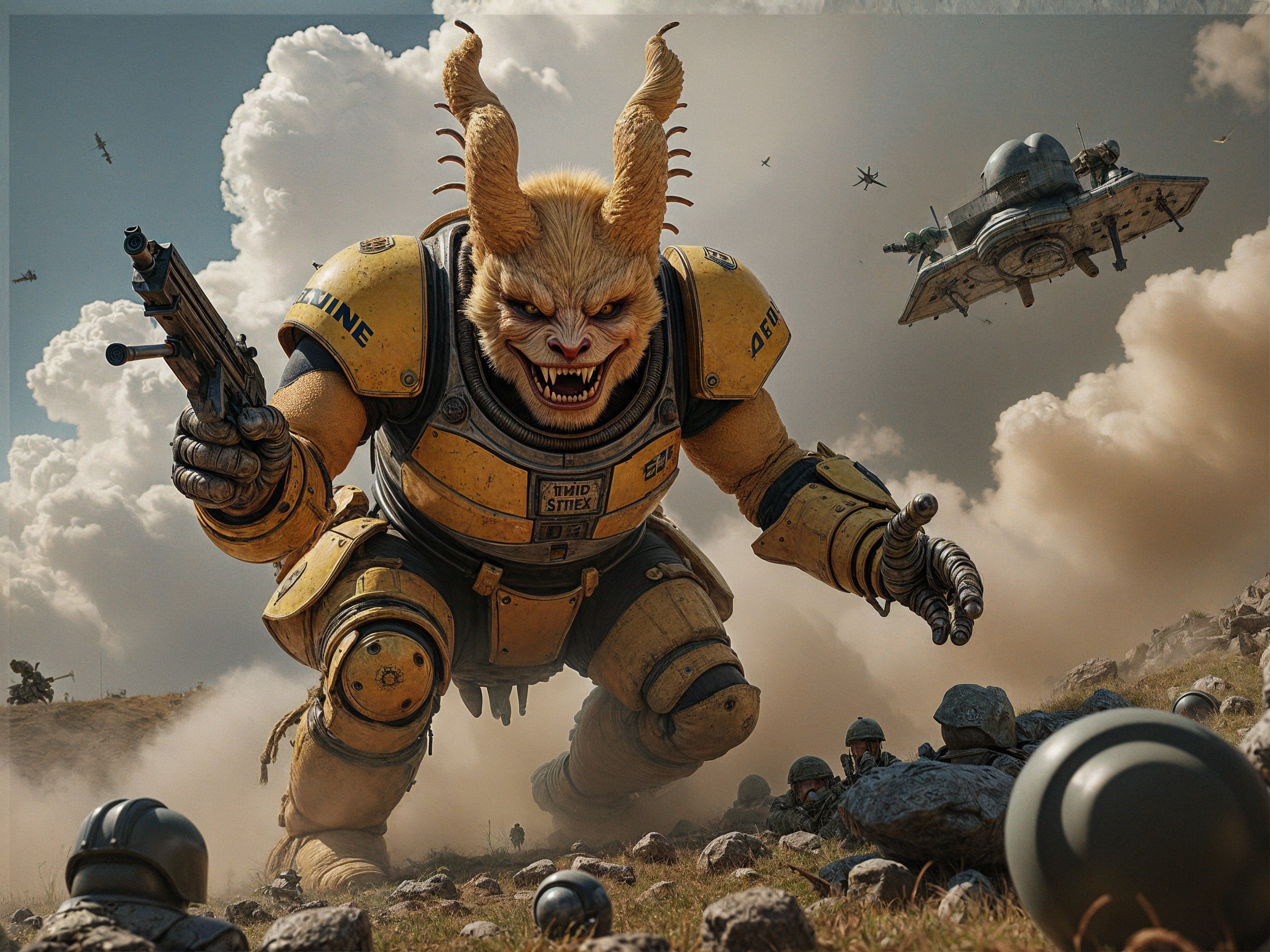 Horned Creature in Yellow Armor on Chaotic Battlefield