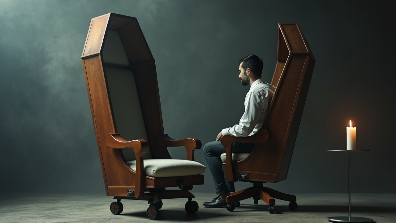 Surreal Scene with Man and Coffin-Shaped Chairs