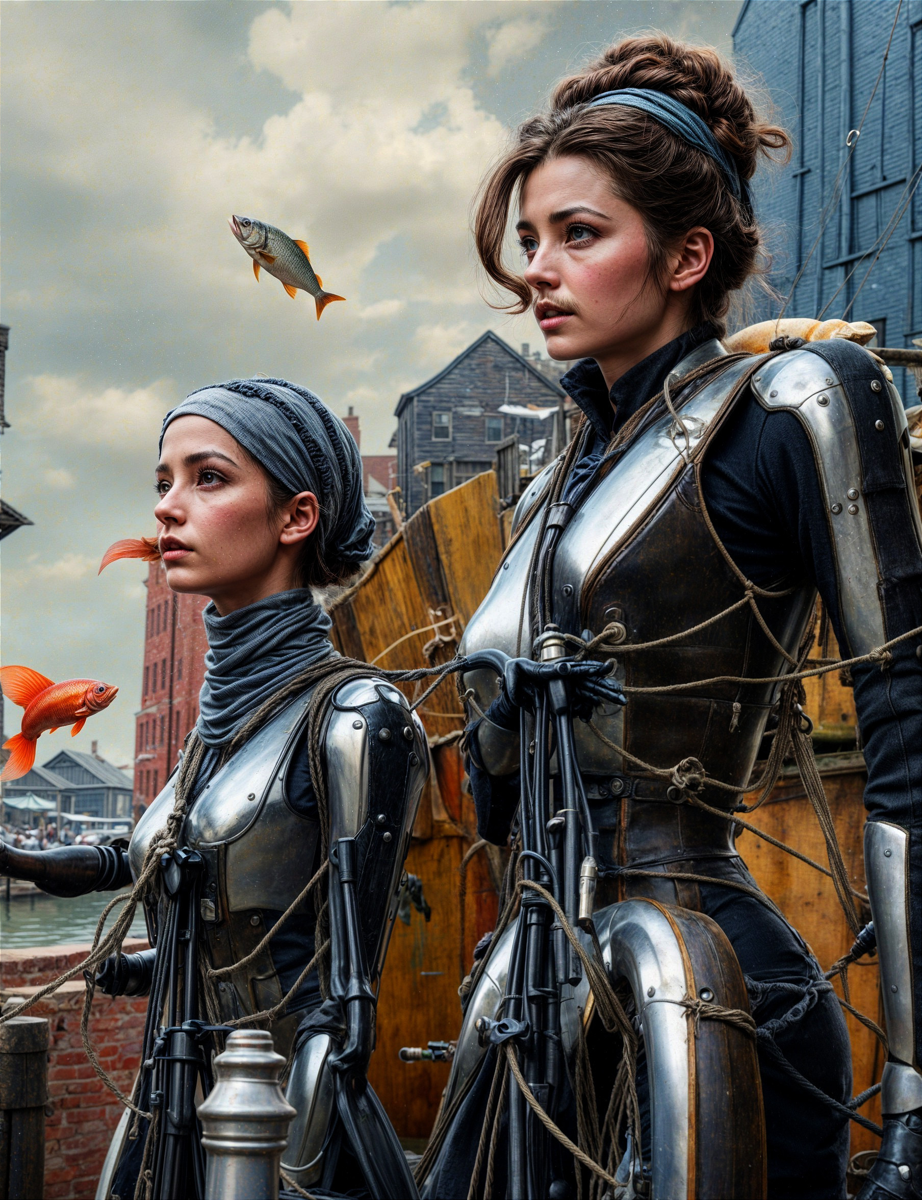 Steampunk Women in Metallic Armor with Goldfish