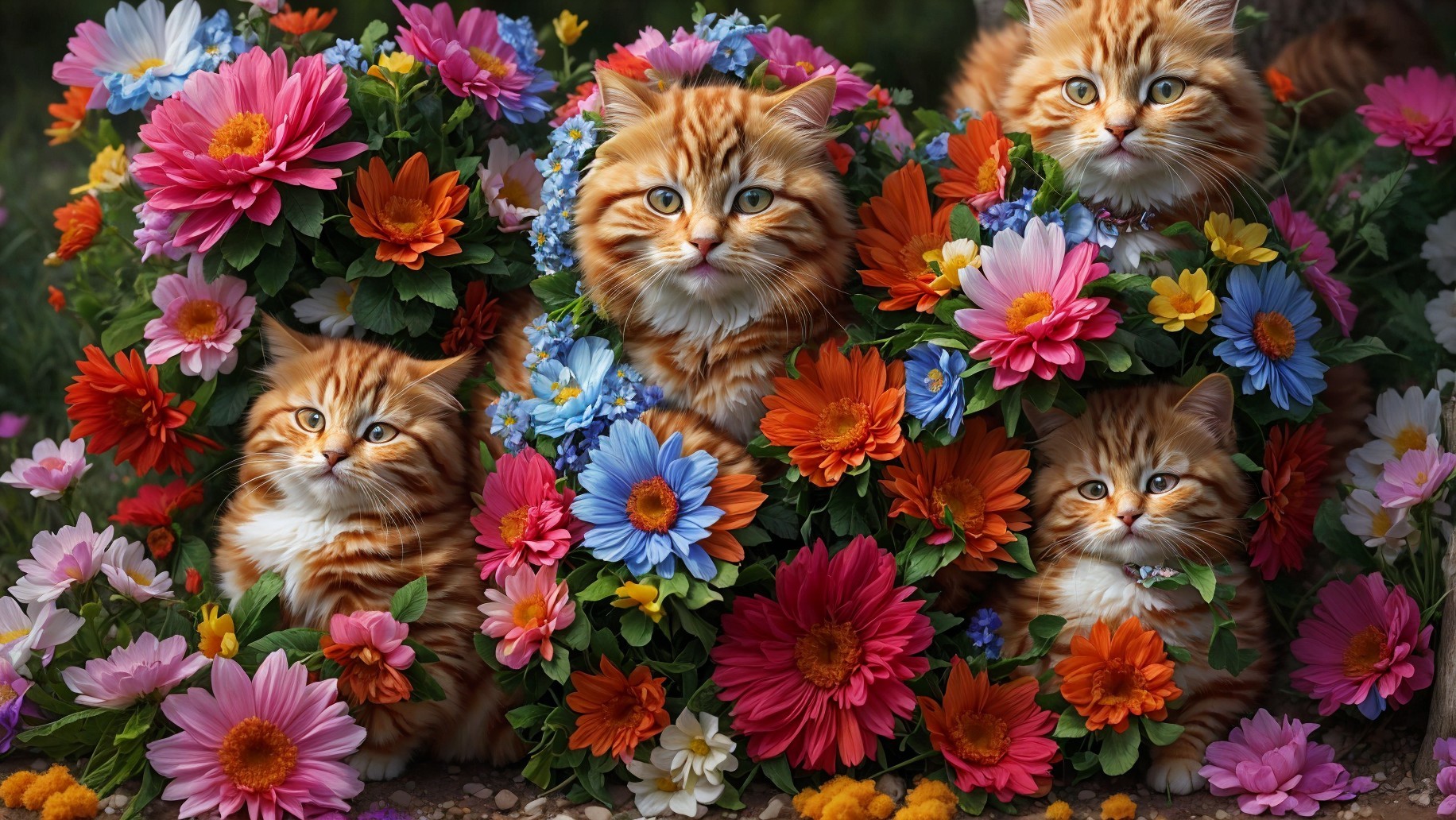 Vibrant Flowers and Orange Tabby Cats in Bloom