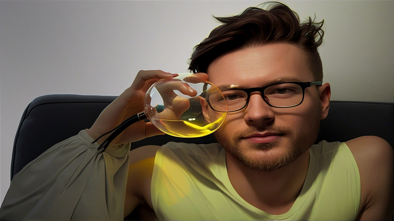 Young man with glowing orb resting on dark sofa