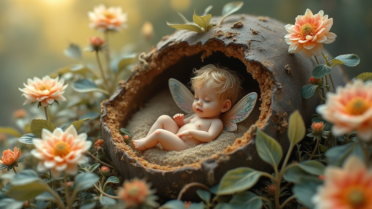 Cherubic Baby in Hollow Tree Surrounded by Flowers