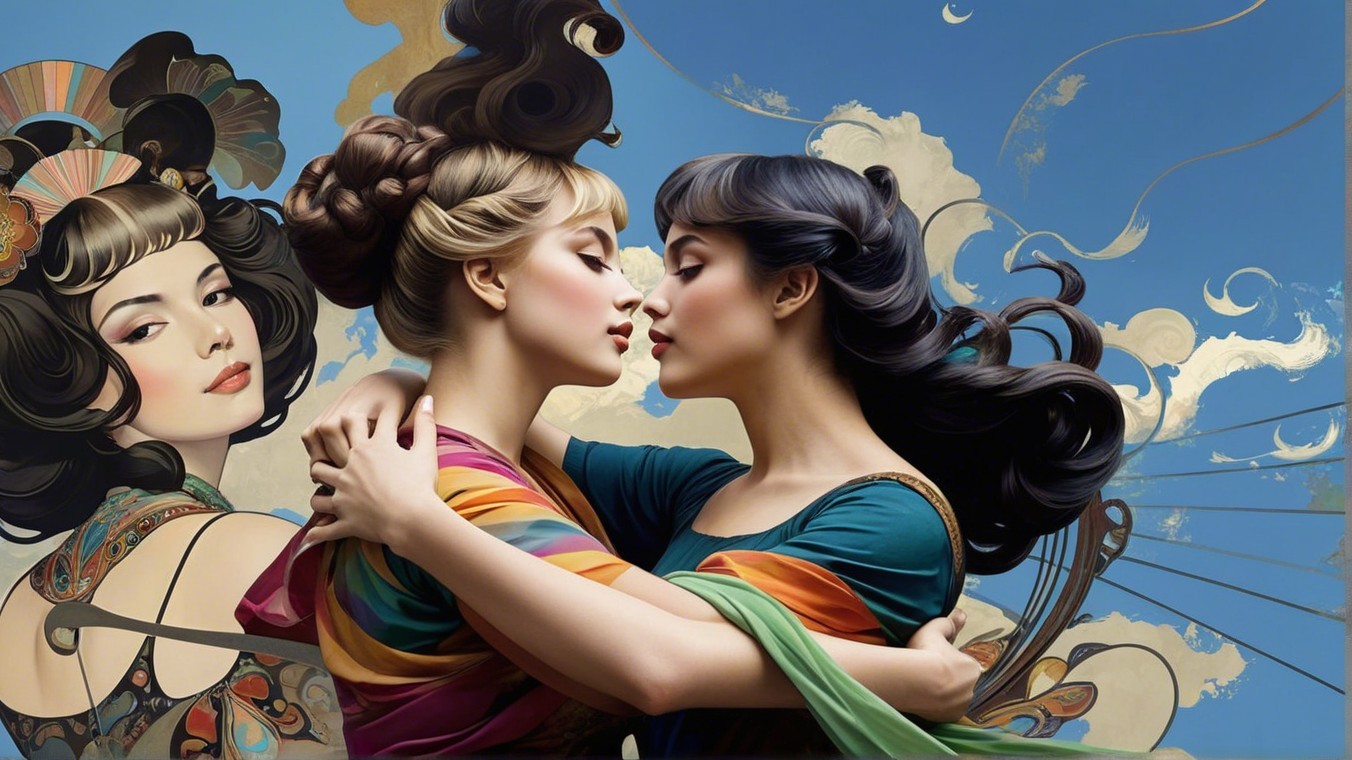Two Women Embracing in a Dreamlike Atmosphere