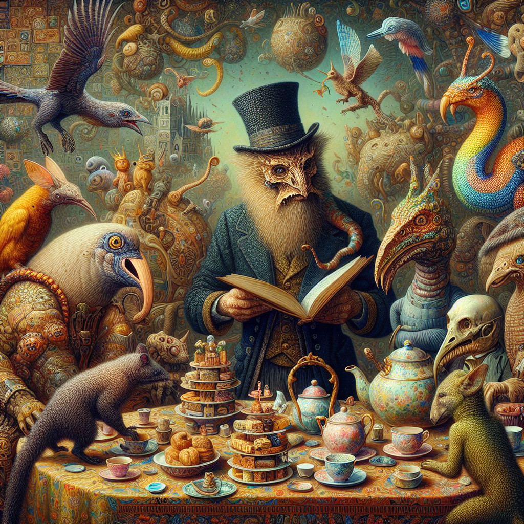 Surreal Tea Party with Fantastical Creatures and Patterns