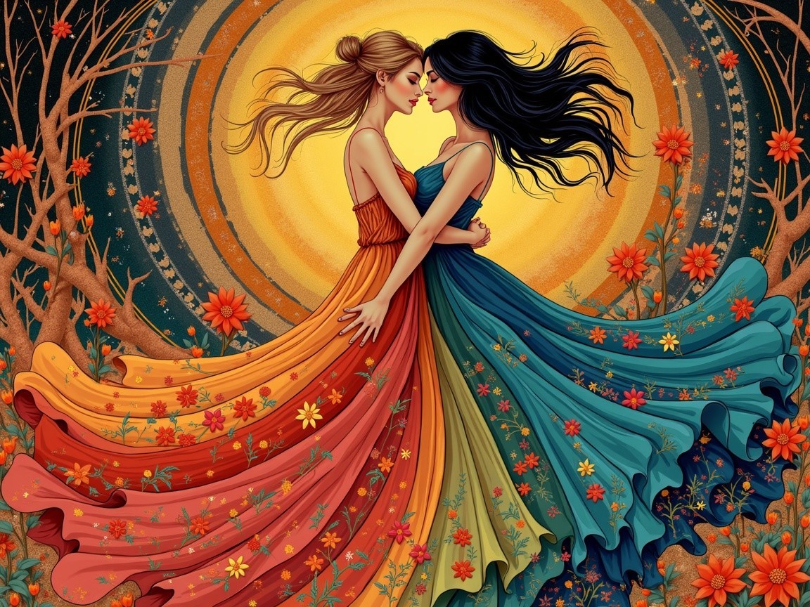 Elegant women in vibrant dresses amidst colorful flowers