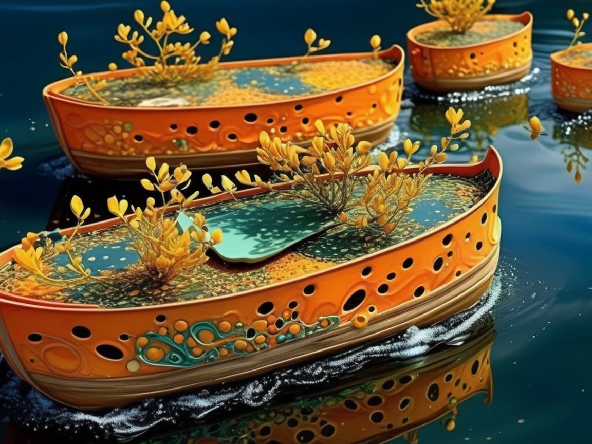 Vibrant Orange Boats on Dark Blue Water Surface