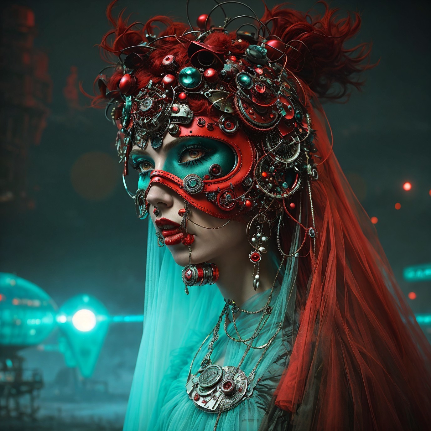 Futuristic figure with metallic headdress and bold makeup