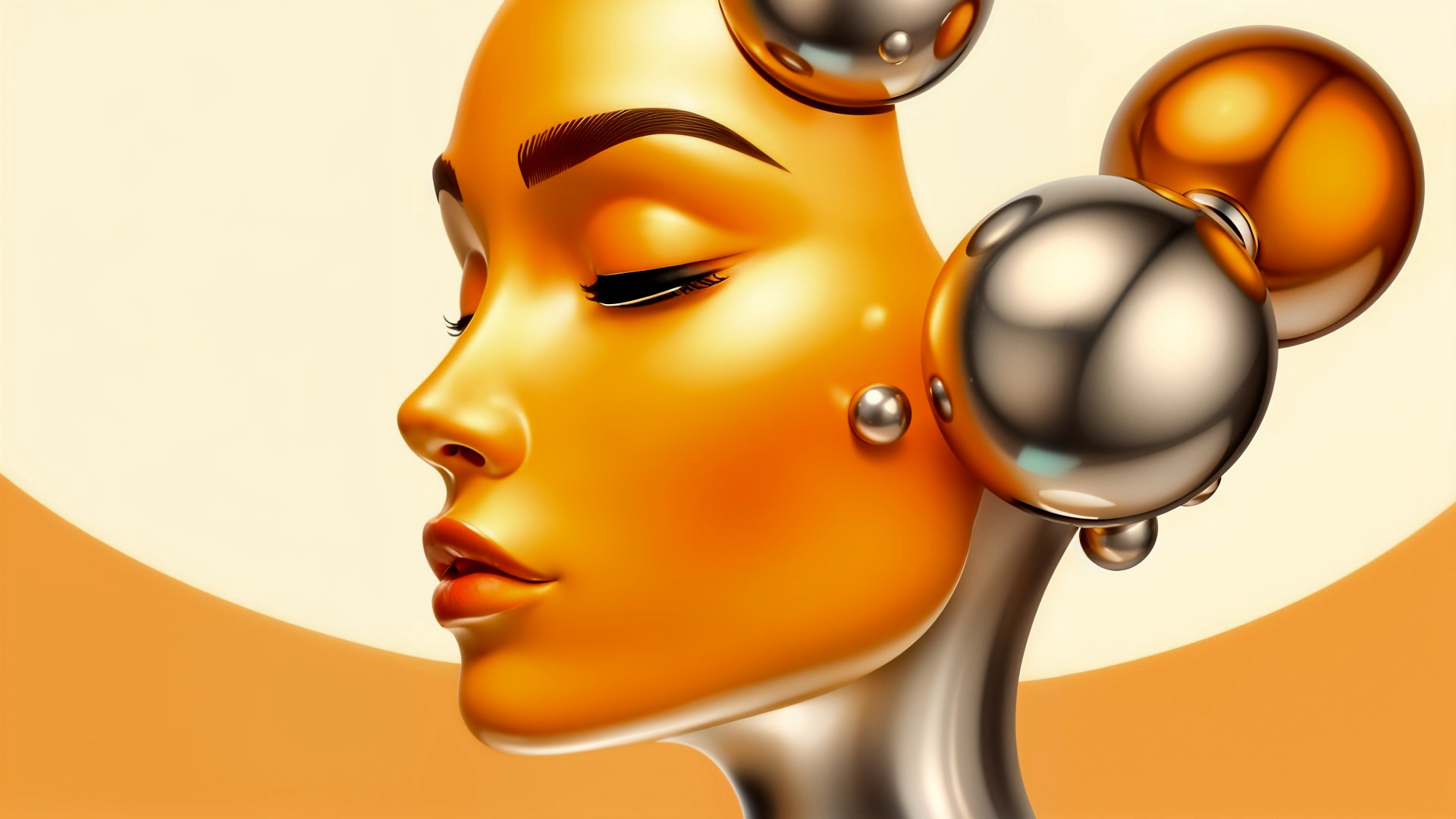 Futuristic Female Face with Golden Complexion and Spheres