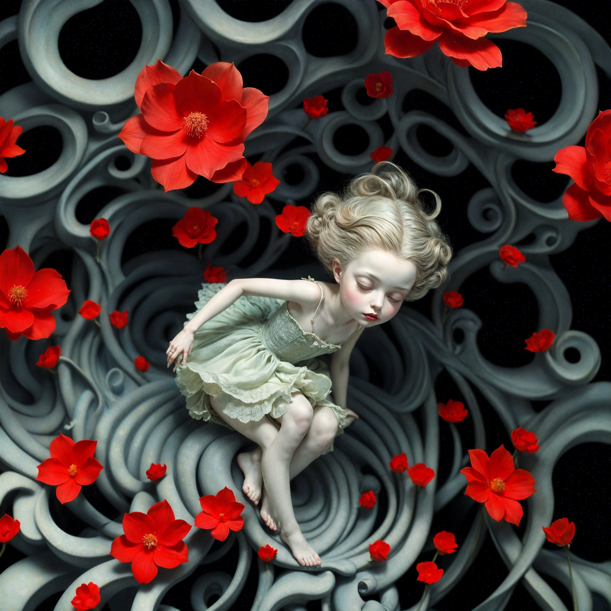 Whimsical Scene with Porcelain Figure and Flowers