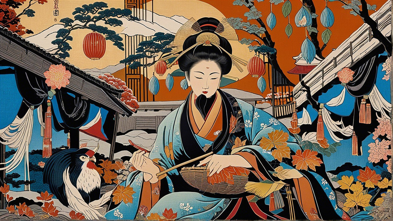 Woman in Traditional Attire in Vibrant Garden Scene