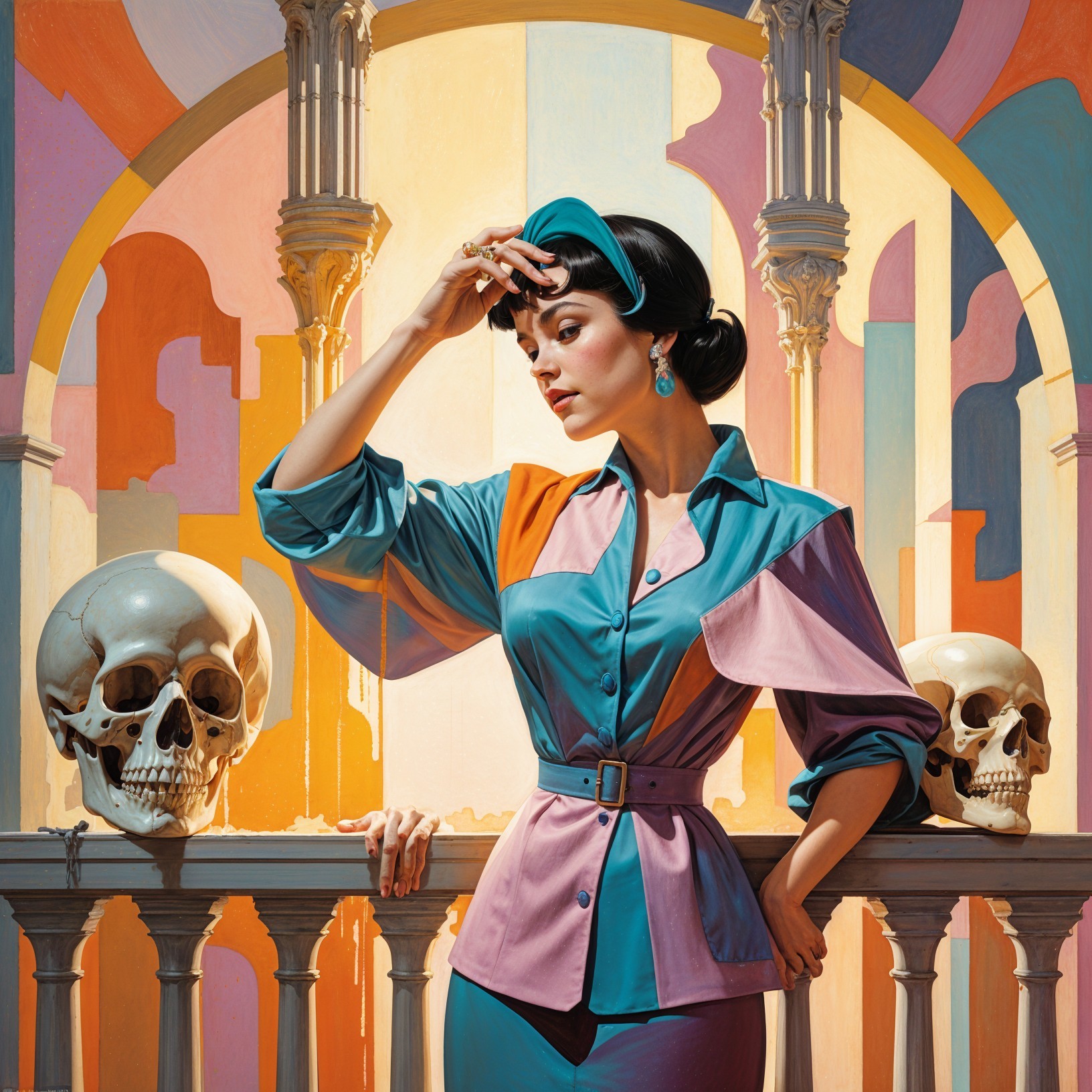 Elegant Woman in Colorful Stylized Setting with Skulls