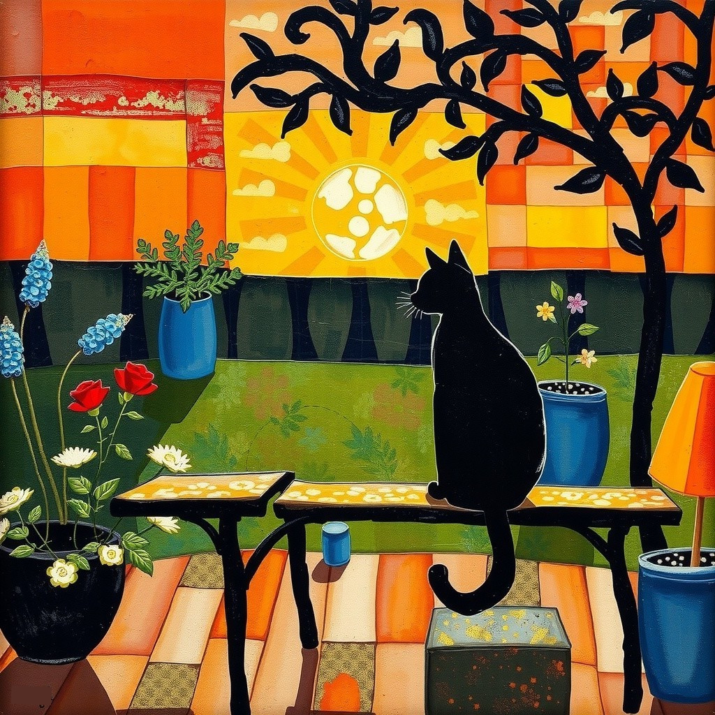 Black Cat on Bench with Colorful Sunset and Plants