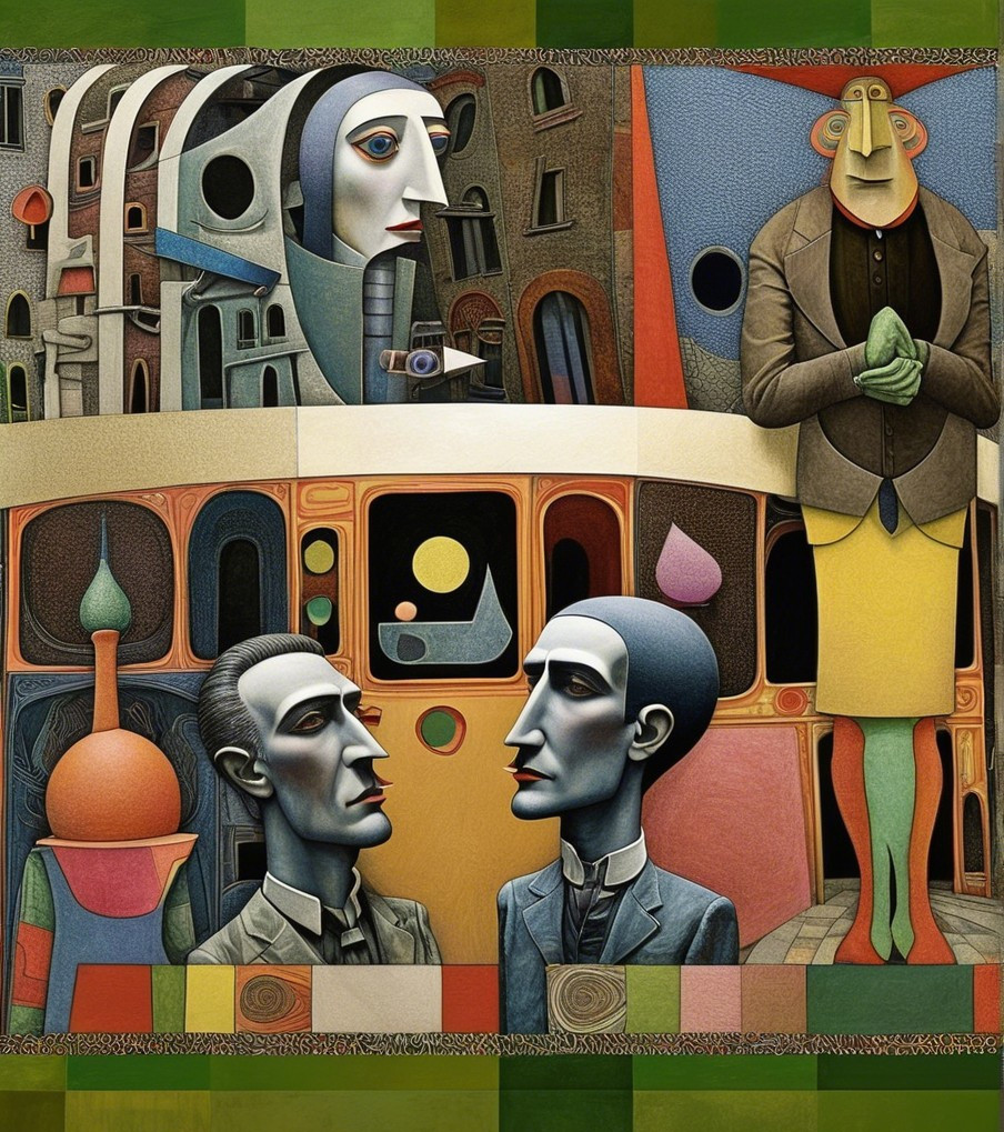 Surreal Scene of Men in Suits and Abstract Architecture