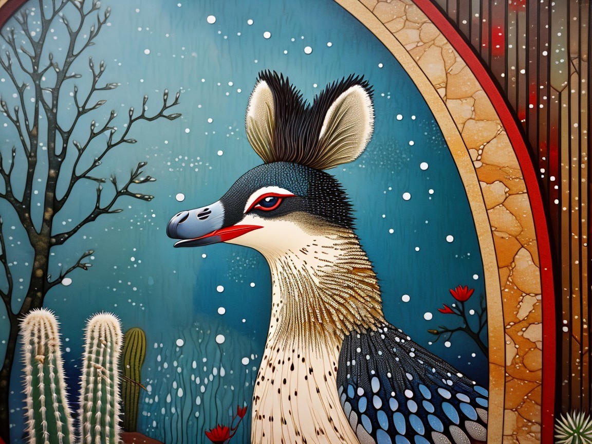 Vibrant Stylized Bird Illustration with Nature Elements