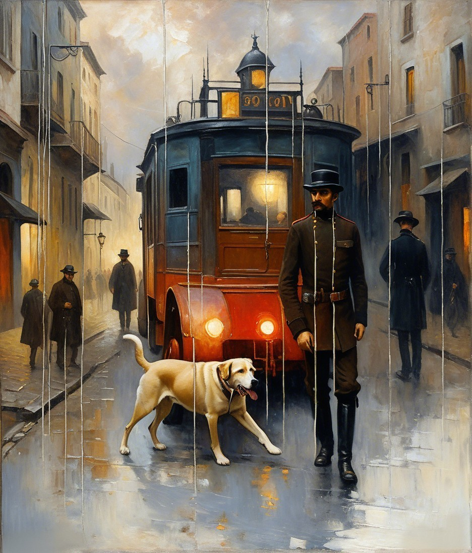 Vintage street scene with man, dog, and tram