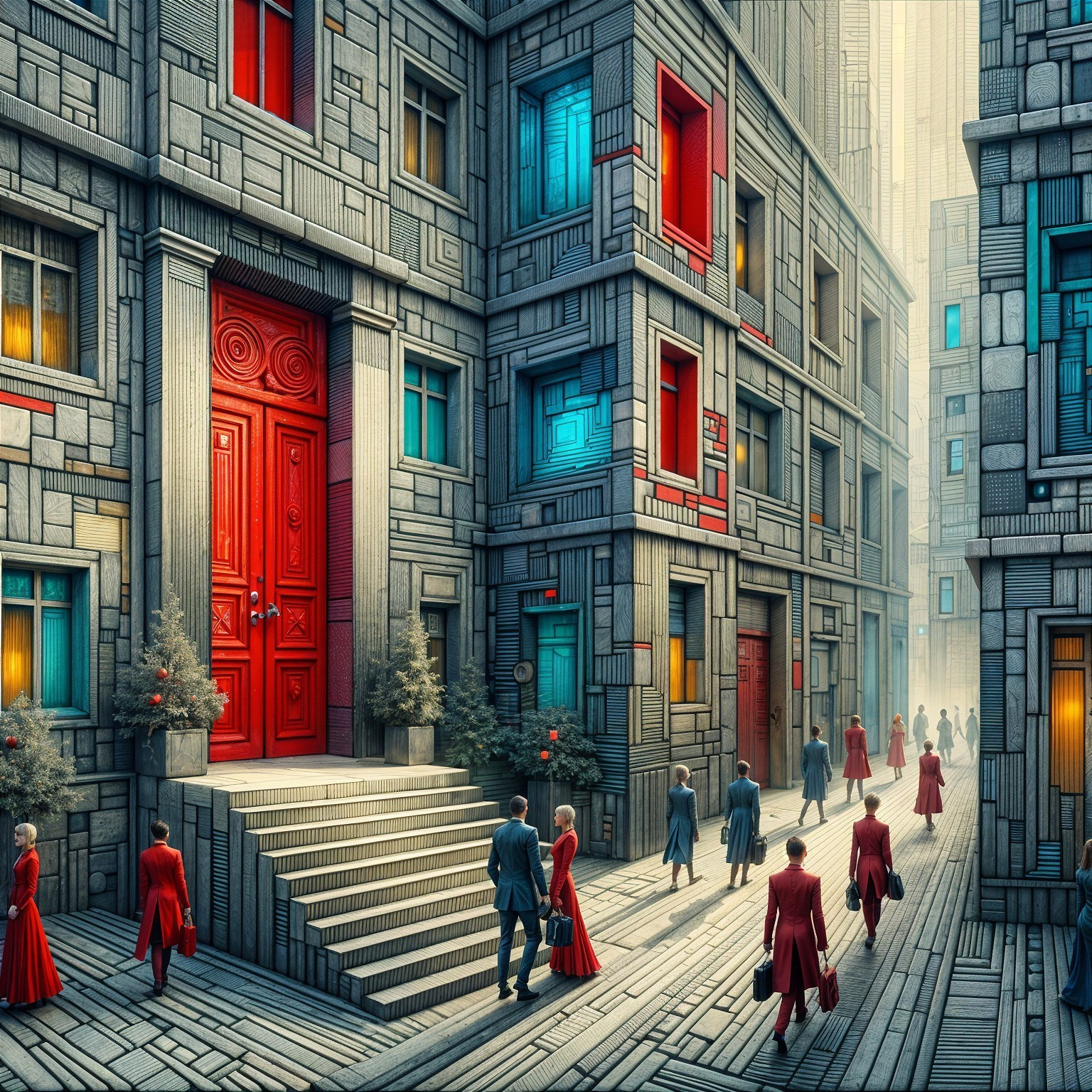 Surreal Cityscape with Colorful Buildings and Fog