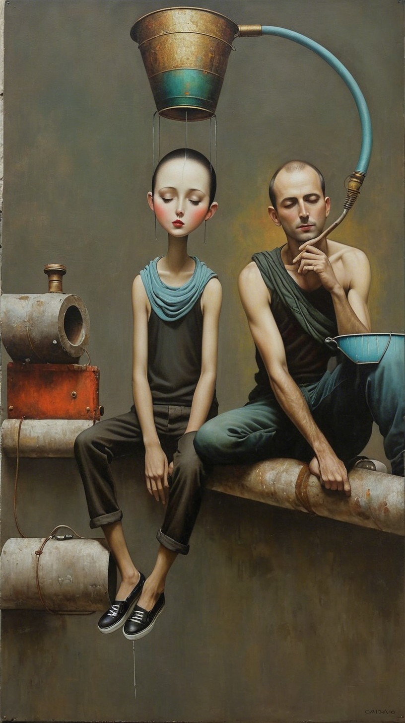 Surreal Artwork with Two Figures and Dreamlike Elements
