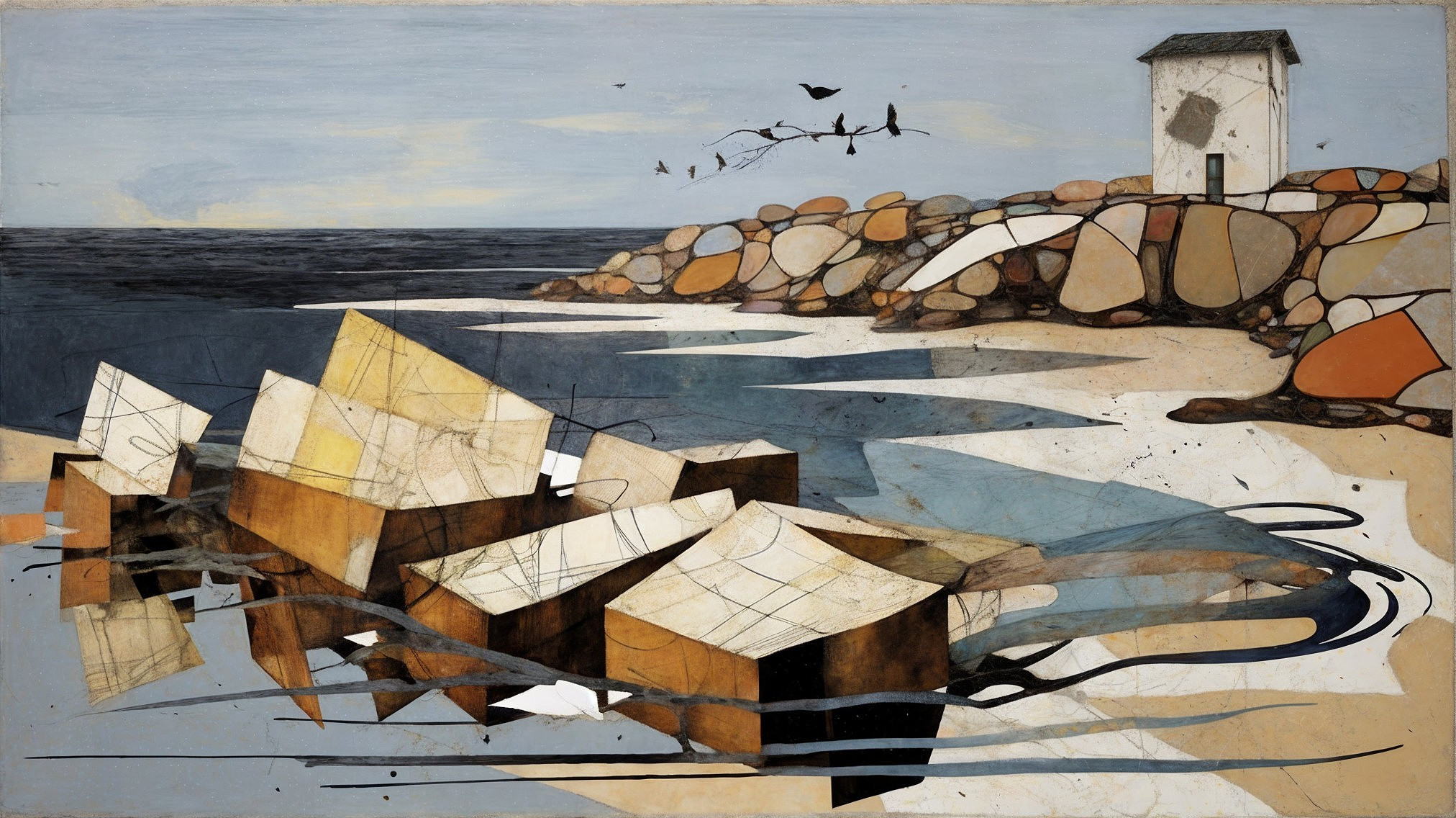 Coastal Scene with Abstract Geometric Structures