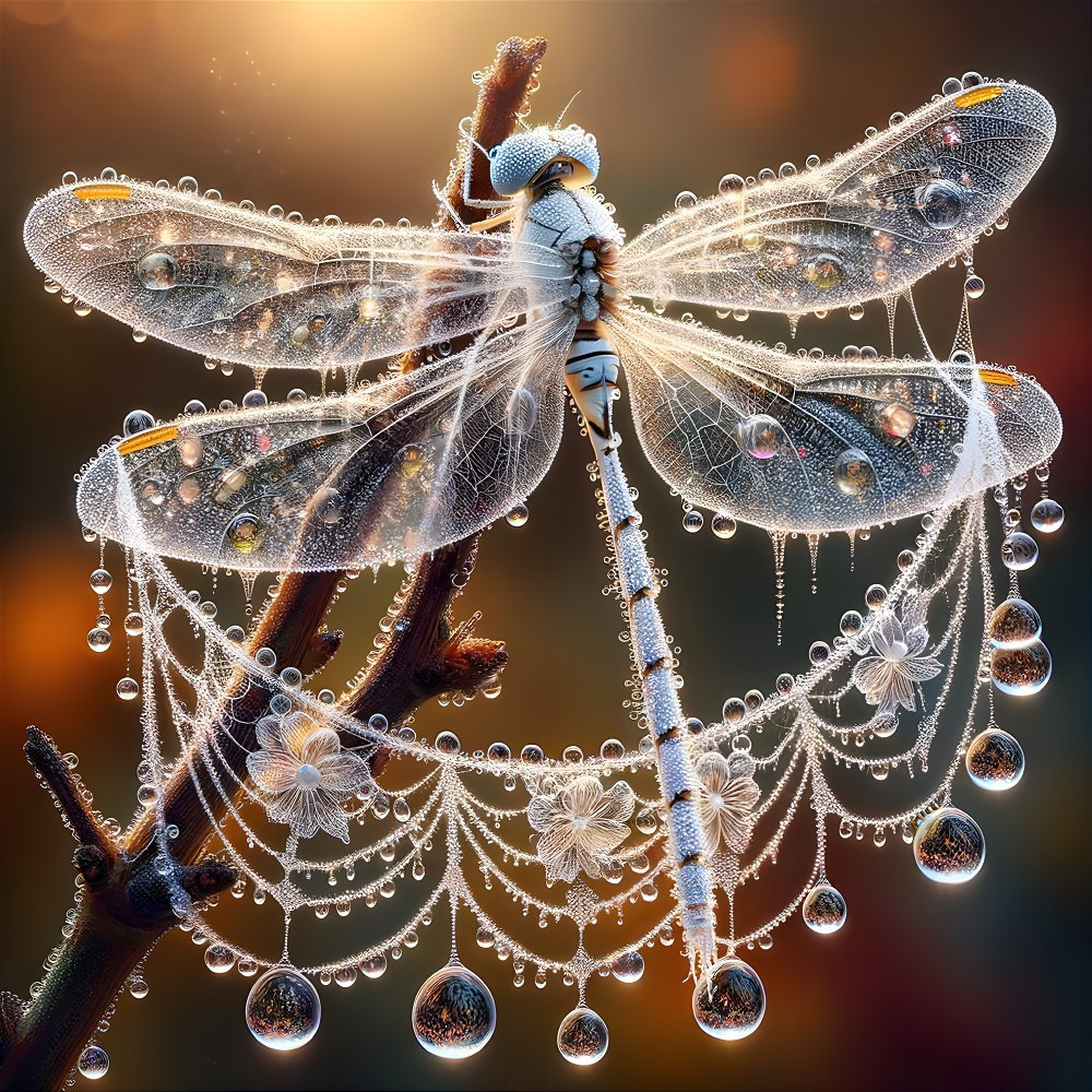 Delicate dragonfly with jeweled droplets on twig