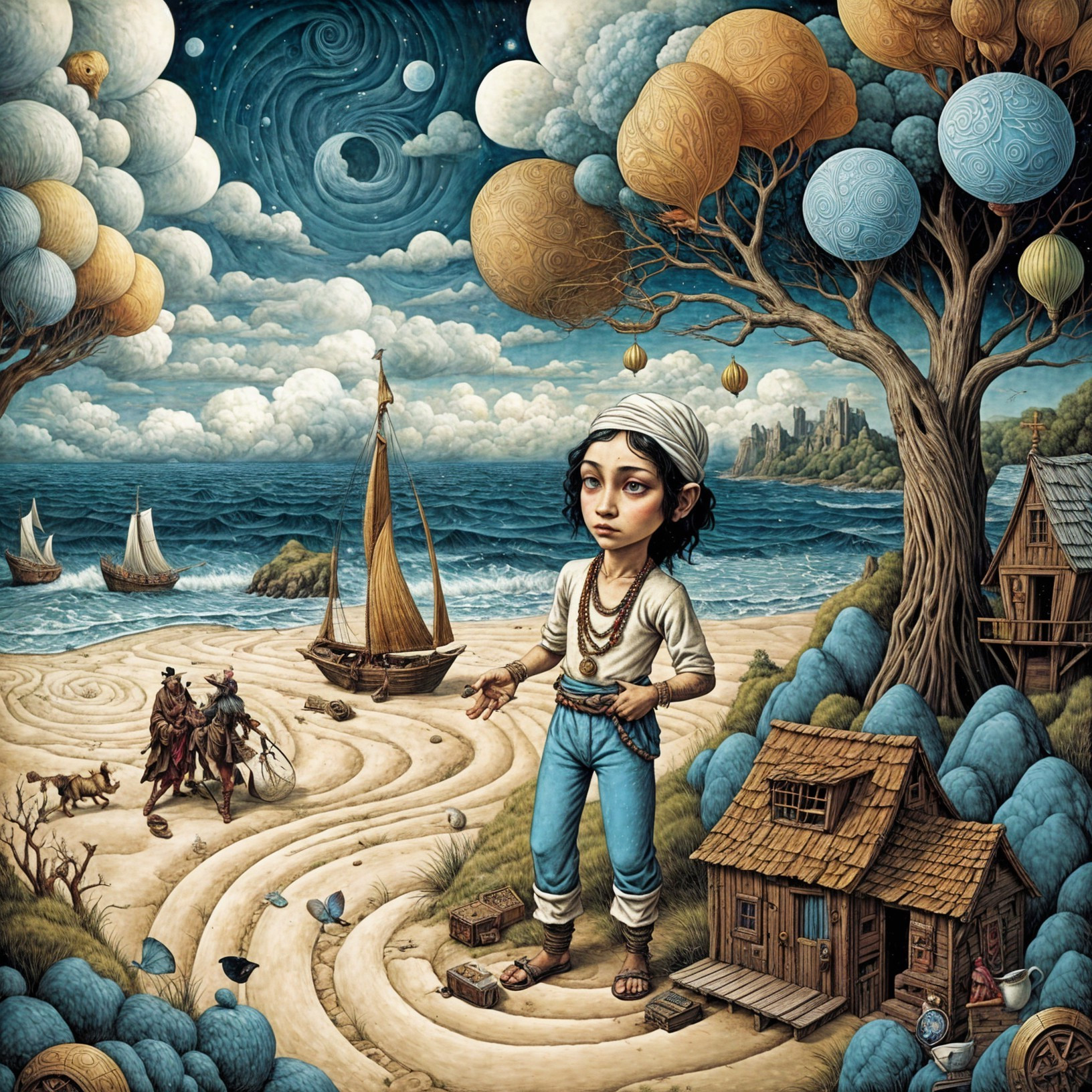 Surreal Landscape with Young Figure and Whimsical Elements