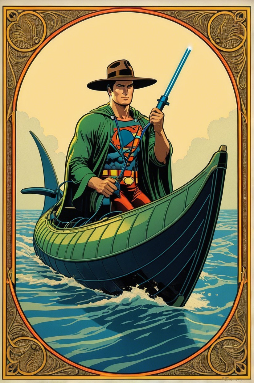 Heroic figure in cape navigating boat with glowing sword