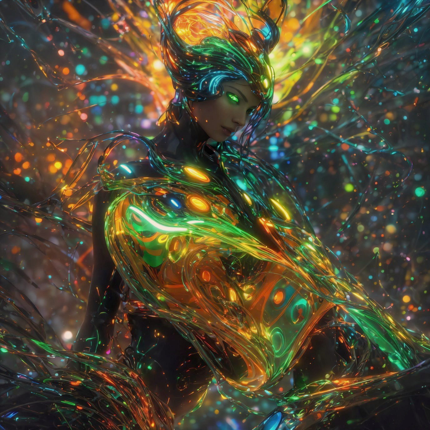 Cyberpunk goddess in holographic suit with glowing eyes