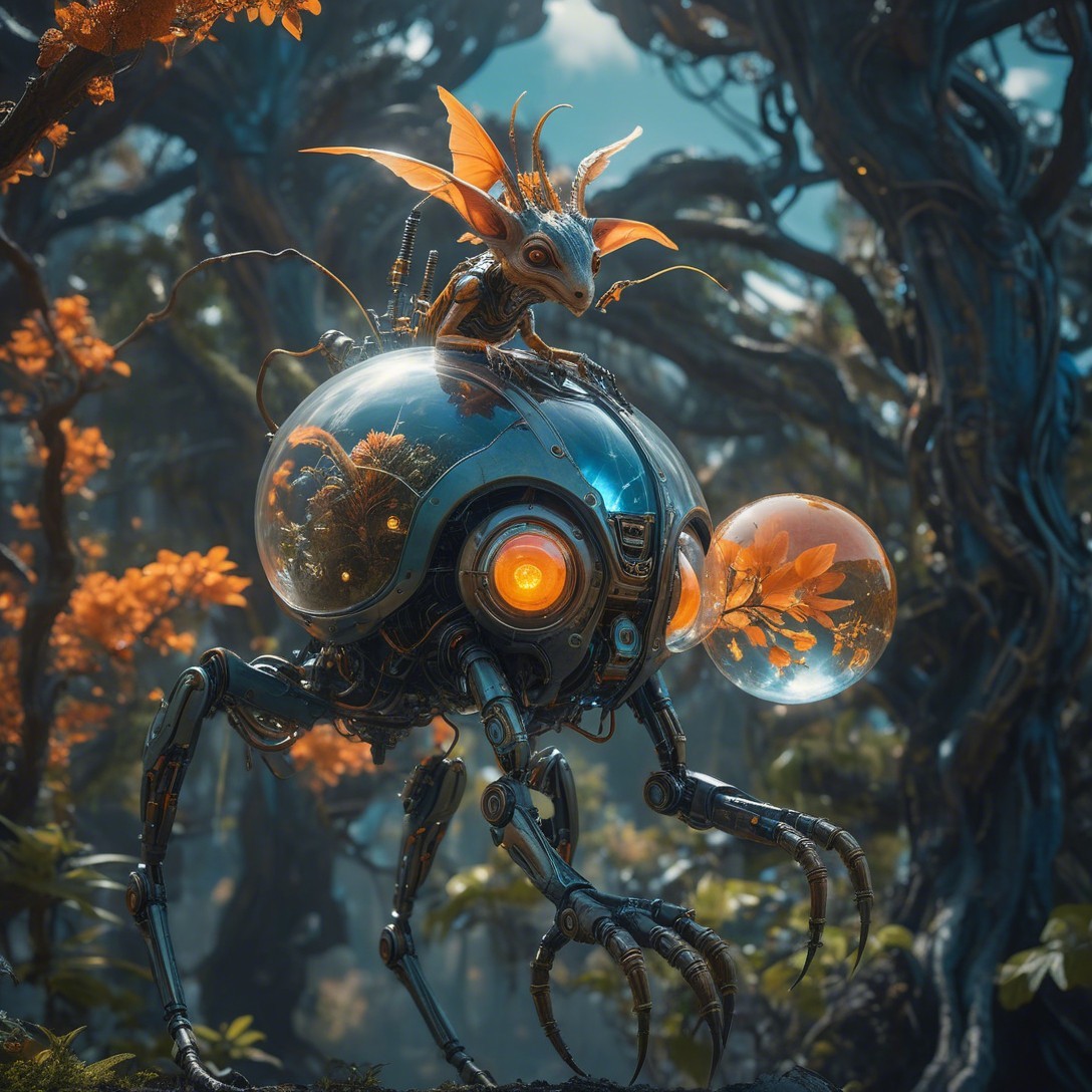 Whimsical Creature on Futuristic Robot in Lush Landscape
