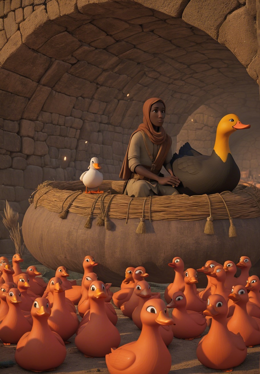 Whimsical Scene of a Woman in a Basket with Ducks