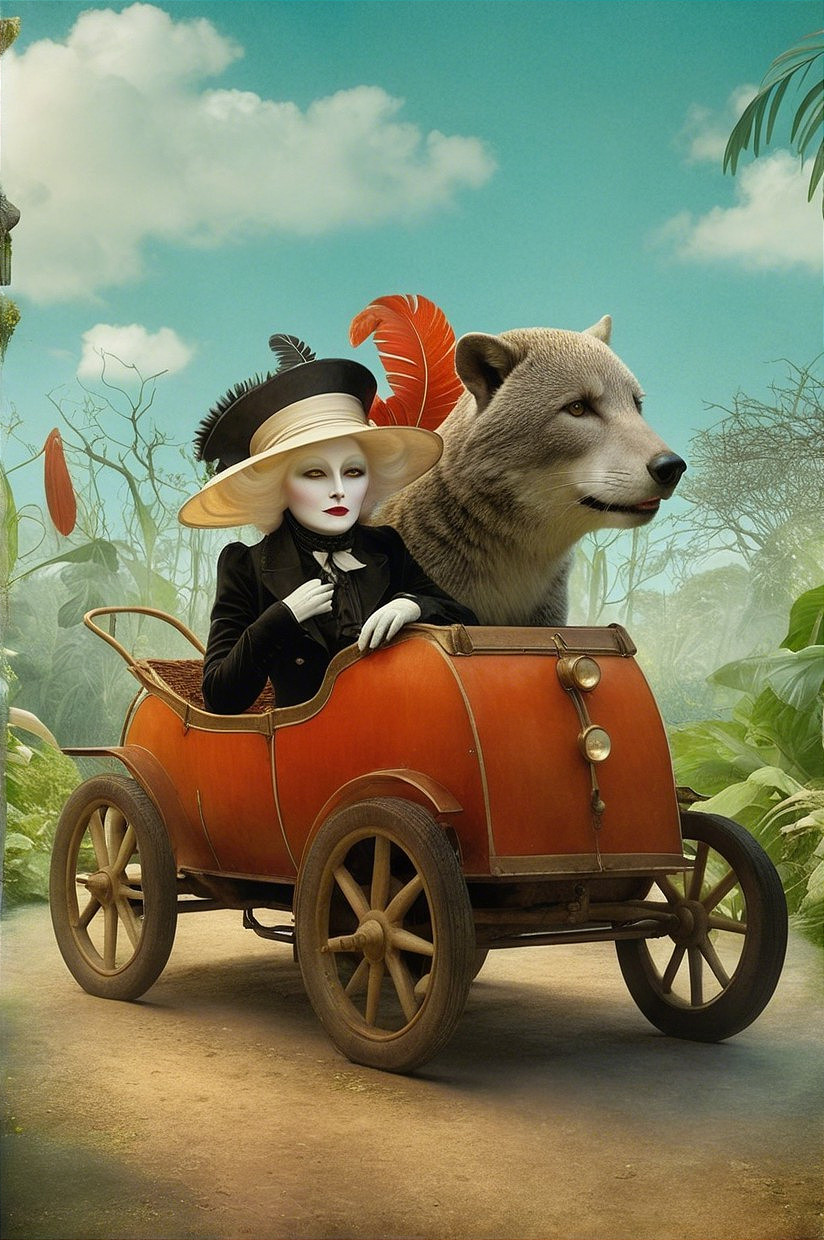 Elegant Woman in Black Dress with Wolf in Vintage Car