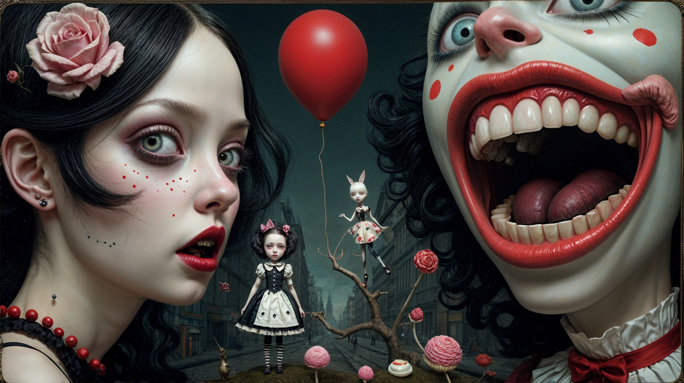 Surreal Scene of Girl and Menacing Clown with Balloon