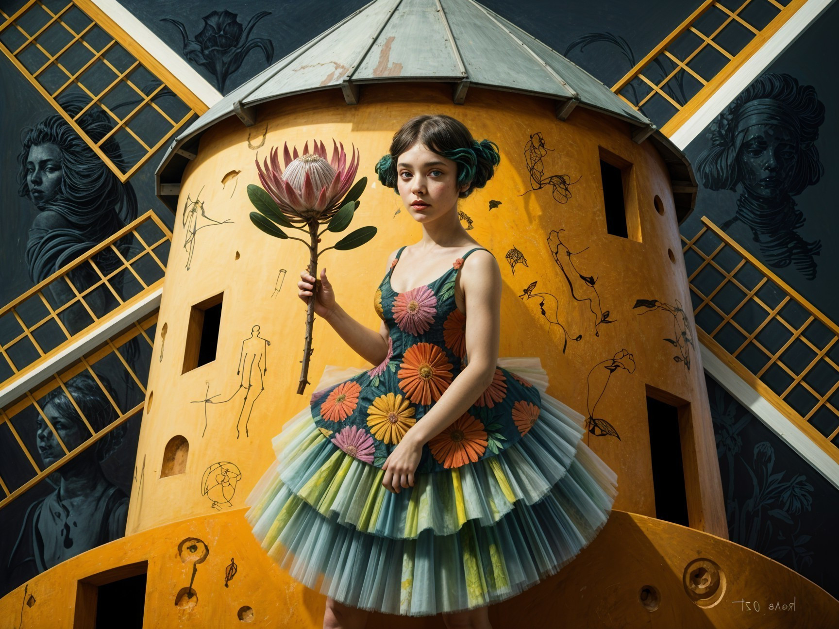 Girl in Colorful Dress by Artistic Yellow Windmill