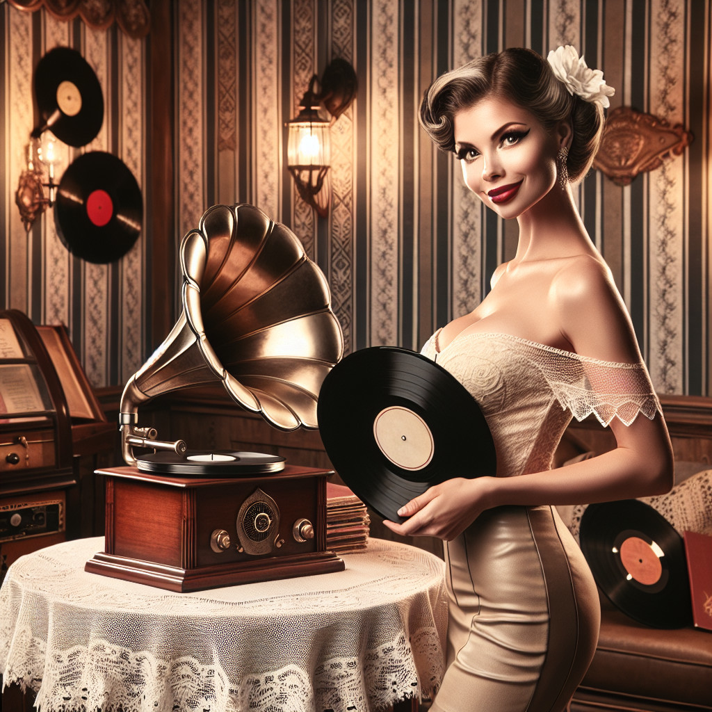 Vintage Room with Glamorous Woman and Vinyl Records