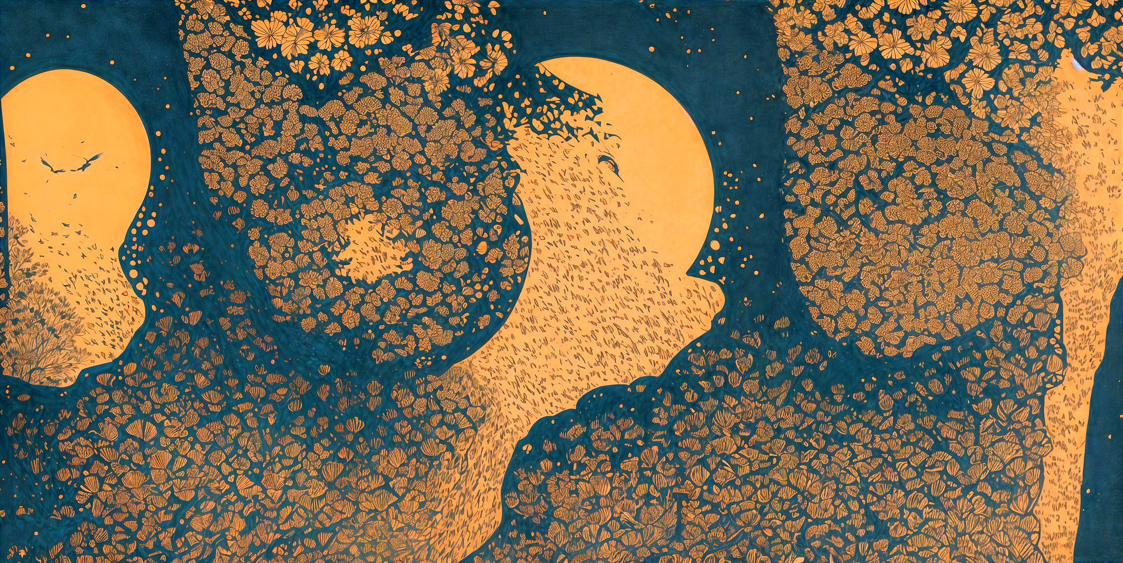 Abstract Composition of Gold and Navy Swirling Forms