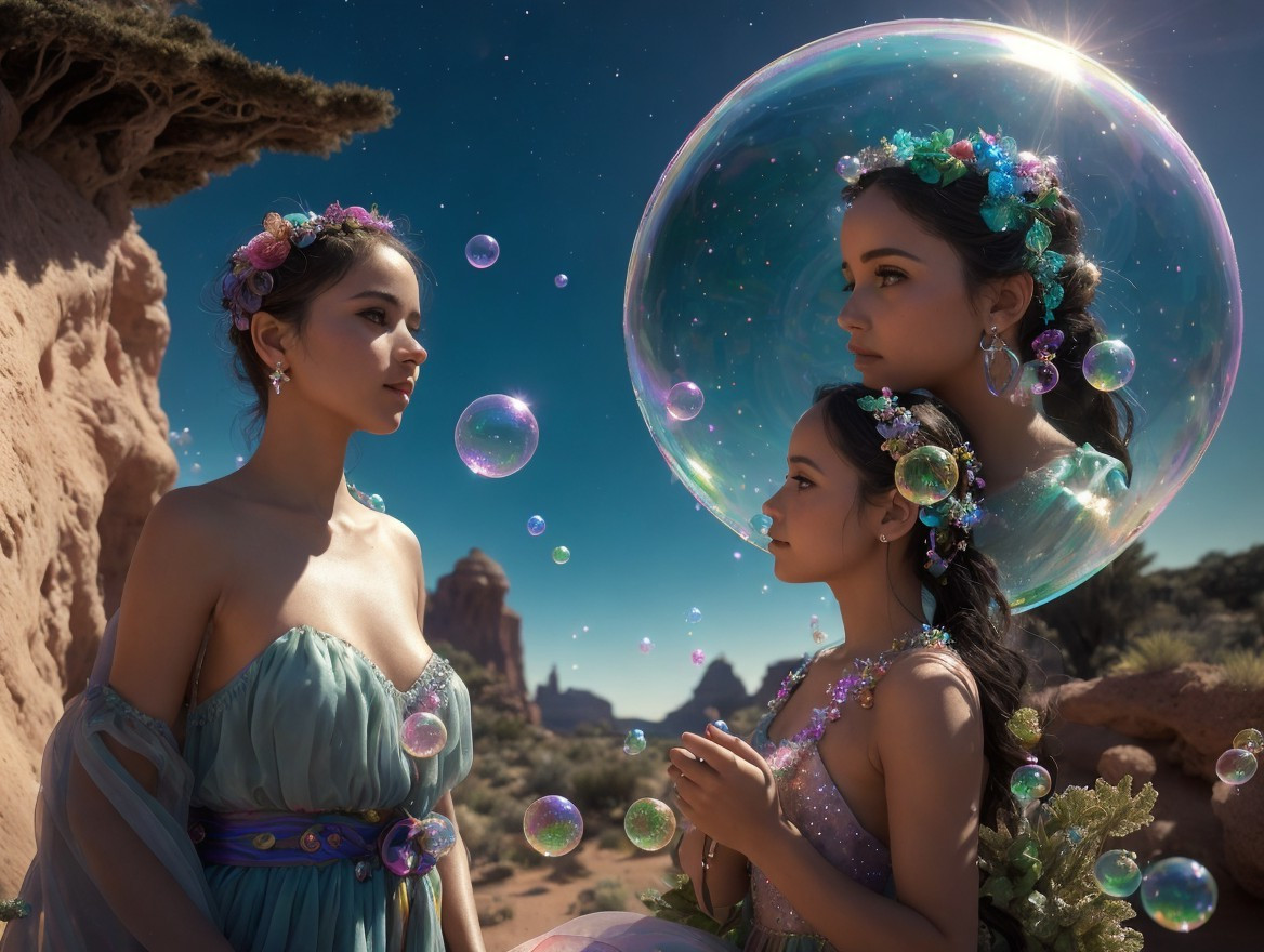 Surreal Desert Scene with Ethereal Figures and Bubbles