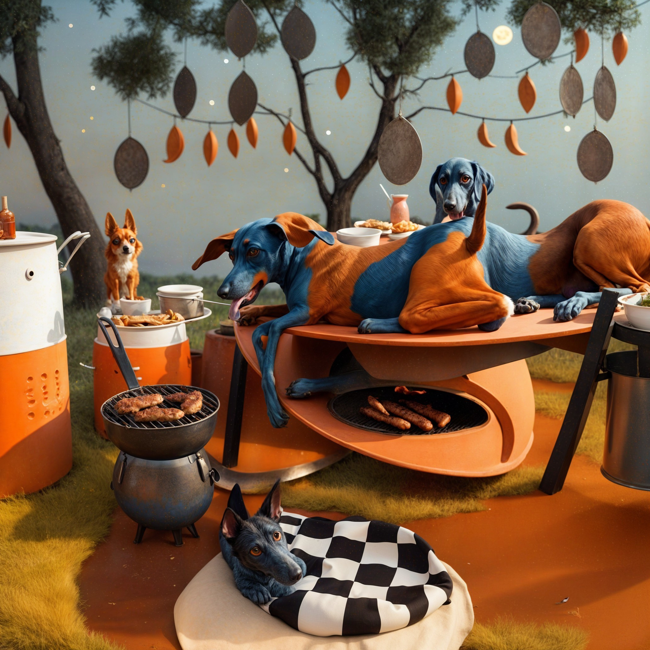 Whimsical Kitchen Scene with Playful Colorful Dogs