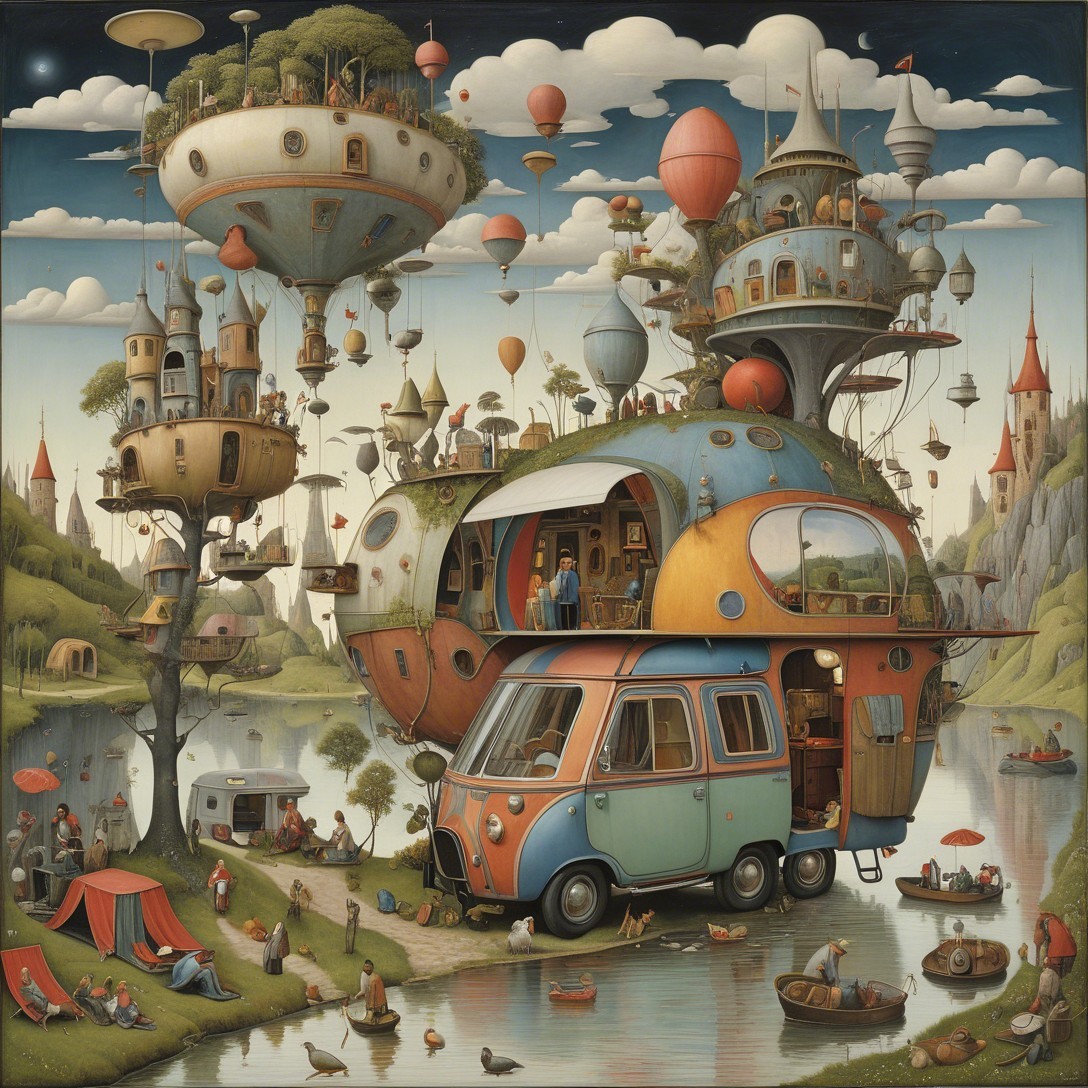 Futuristic caravan by serene lake with floating islands
