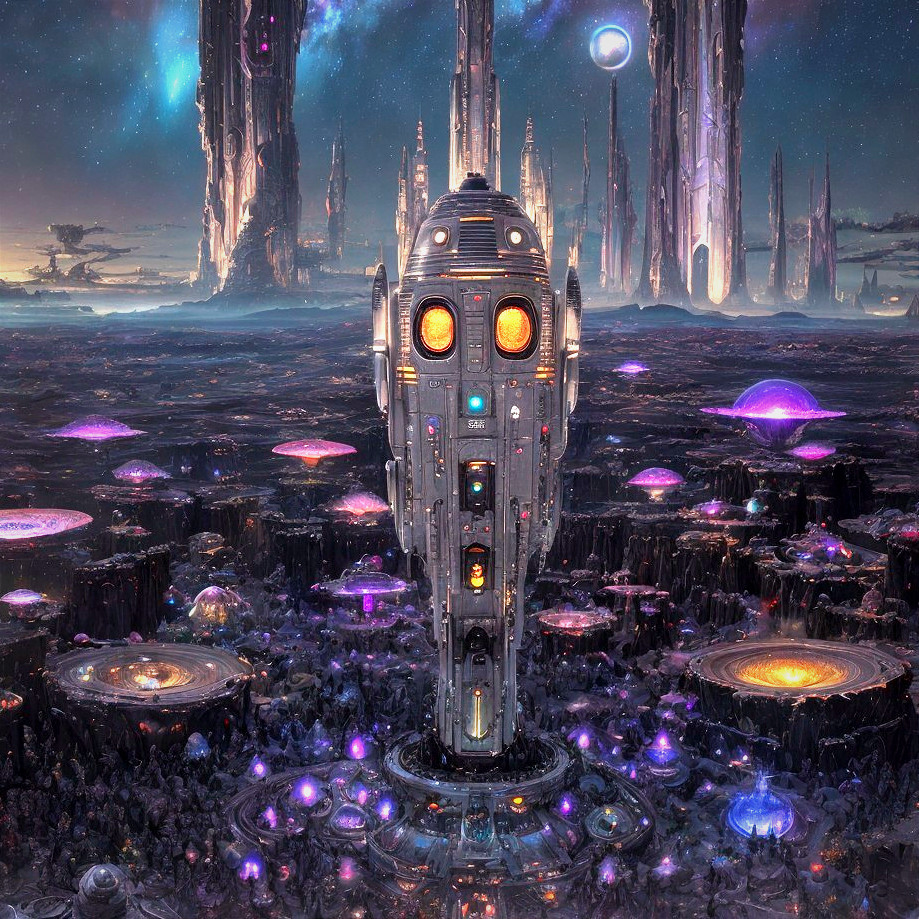 Futuristic landscape with crystalline structures and rockets
