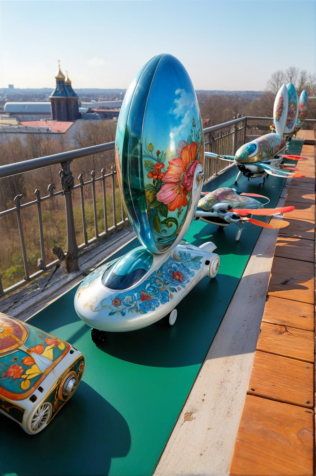 Colorful Decorative Objects on Wooden Platform with Cityscape