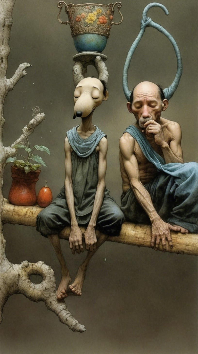 Surreal Humanoid Figures on a Gnarled Tree Branch