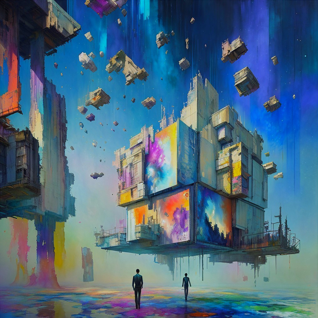 Surreal Landscape with Floating Abstract Structures