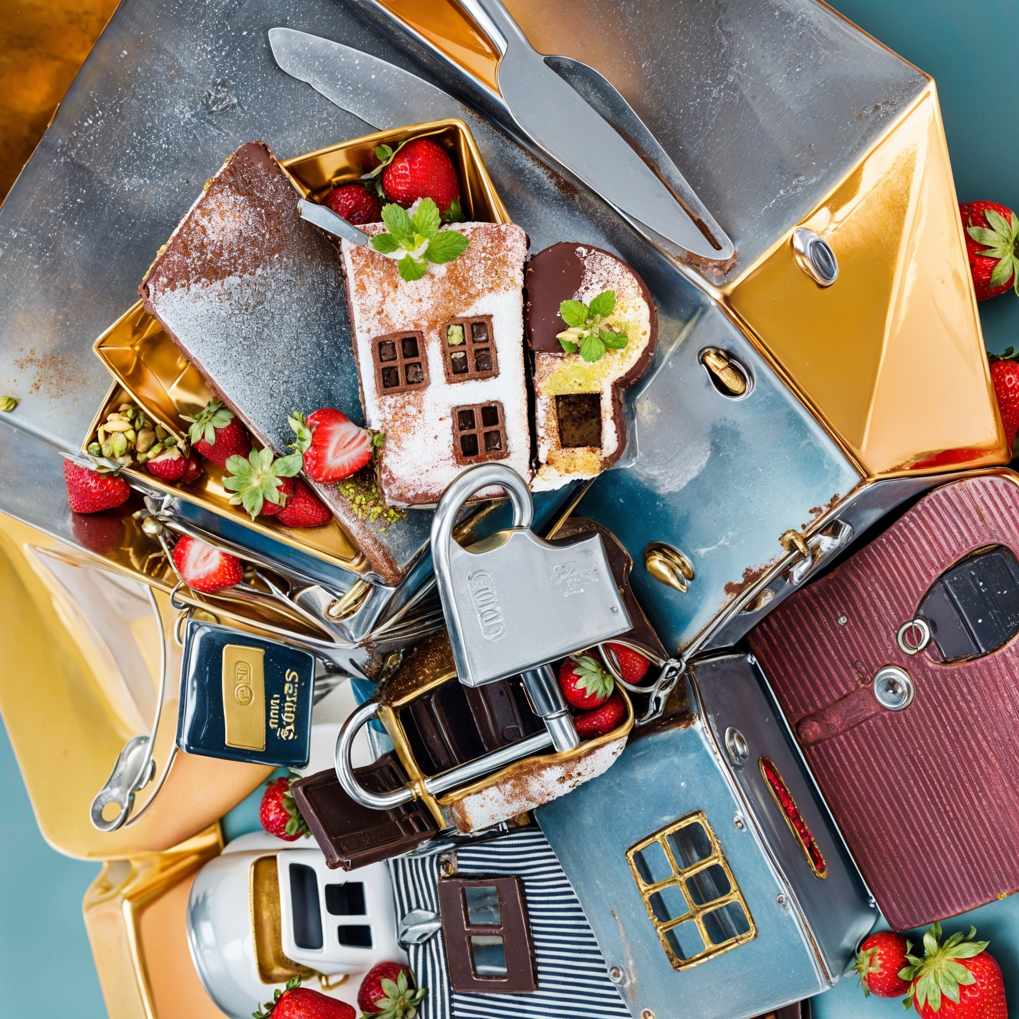 Miniature Cake Houses with Strawberries and Utensils