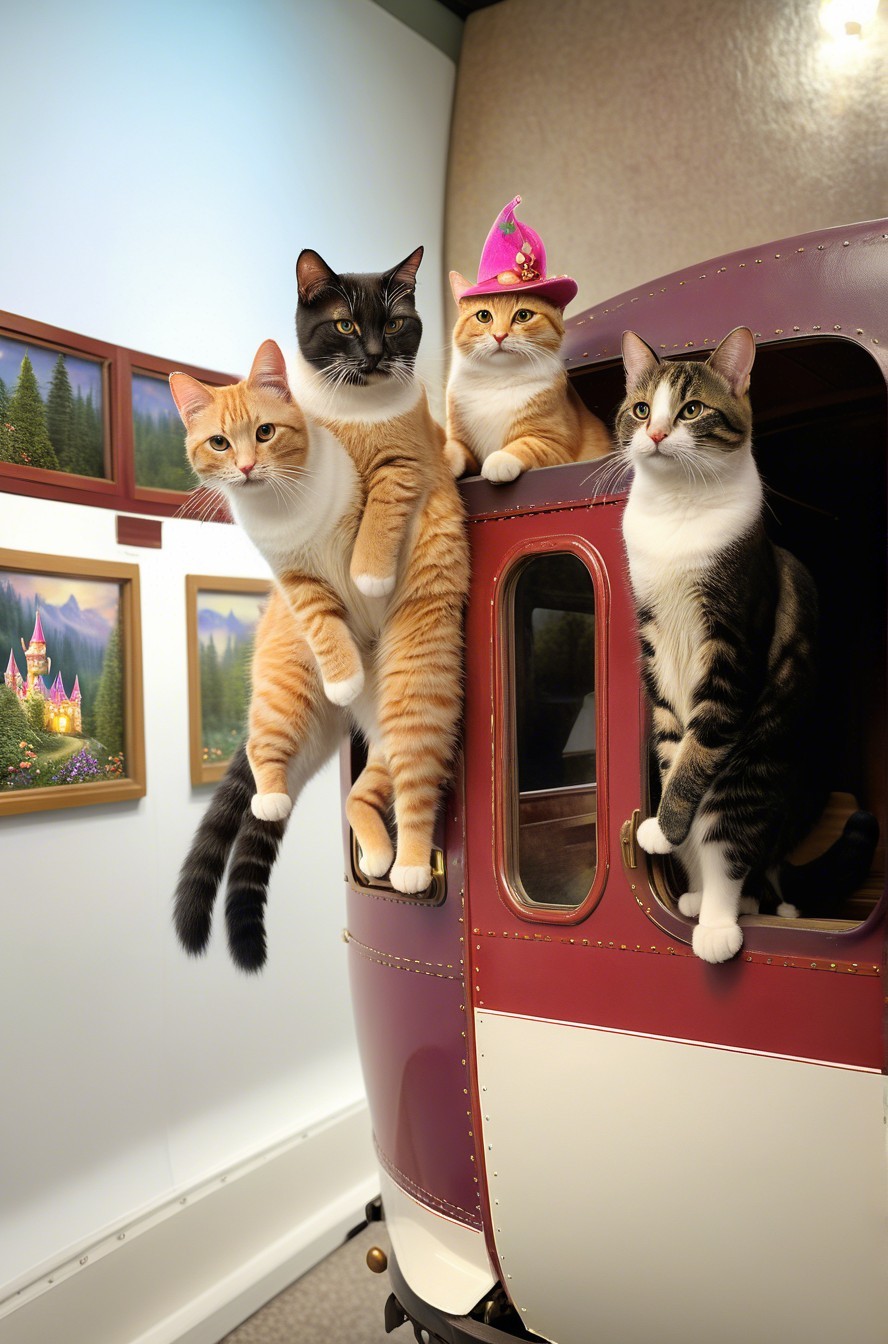 Cats Around Vintage Train Car in Cozy Room
