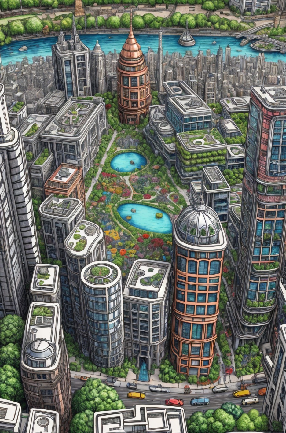 Vibrant Urban Landscape with Skyscrapers and Greenery