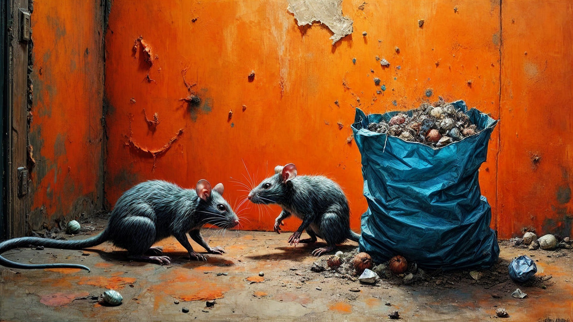 Mice Exploring a Dimly Lit Room with Trash Bag